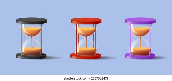 3D icon of sandglass, stylish set of detailed icons of transparent shape and sand
