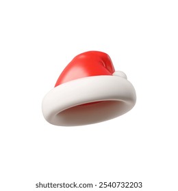 El icono 3D del sombrero rojo de Santa Claus con un pompón está aislado en un fondo blanco. Perfecto para Navidades y decoraciones navideñas, creando un sentimiento de Año Nuevo.