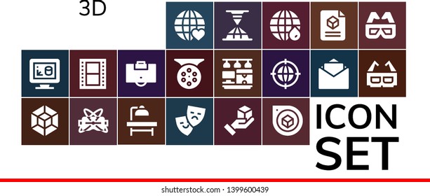 3d icon set. 19 filled 3d icons.  Simple modern icons about  - Earth grid, 3d print, modeling, Virtual reality, Operating table, Theater, Cube, Perspective, Film, Area, Reel
