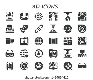 3d icon set. 30 filled 3d icons.  Simple modern icons about  - Hologram, panorama 360 , Earth grid, Theater, 3d printer, Shy, Perspective, Film, Panoramic, printing scanner