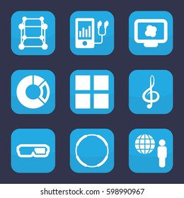 3d icon. Set of 9 filled 3d icons such as mp3 player, treble clef, globe and man, pie chart, atom on display, 3d glasses, cube