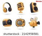 3d icon set audio and video. Headphones, microphone, speaker, camera, retro TV, film projector. Realistic render vector objects