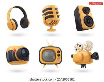 3d icon set audio   video  Headphones  microphone  speaker  camera  retro TV  film projector  Realistic render vector objects