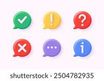 3d icon set of check mark, information icon, chat, cross, question mark, exclamation point, FAQ sign. Tick, question, information and answers mark. Help symbol. 3D Web Vector Illustrations.