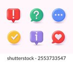 3d icon set of check mark, information icon, chat, heart, question mark, exclamation point, FAQ sign. Tick, question, information and answers mark. Help symbol. 3D Web Vector Illustrations.