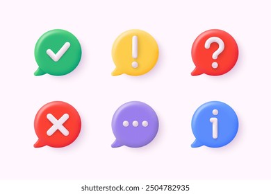 3d icon set of check mark, information icon, chat, cross, question mark, exclamation point, FAQ sign. Tick, question, information and answers mark. Help symbol. 3D Web Vector Illustrations.