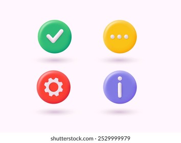 Conjunto de iconos 3D de marca de verificación, icono de información, chat, cruz, signo de interrogación, signo de exclamación.  Ilustraciones vectoriales de Web 3D.