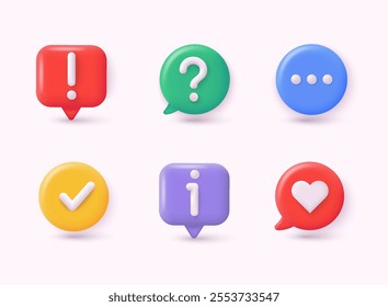 3d icon set of check mark, information icon, chat, heart, question mark, exclamation point, FAQ sign. Tick, question, information and answers mark. Help symbol. 3D Web Vector Illustrations.