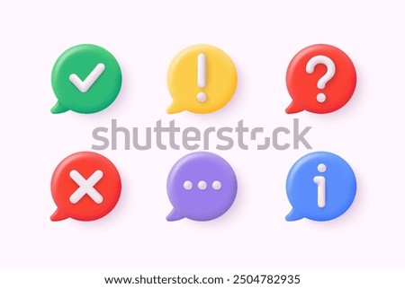 3d icon set of check mark, information icon, chat, cross, question mark, exclamation point, FAQ sign. Tick, question, information and answers mark. Help symbol. 3D Web Vector Illustrations.