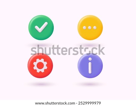 3d icon set of check mark, information icon, chat, cross, question mark, exclamation point.  3D Web Vector Illustrations.