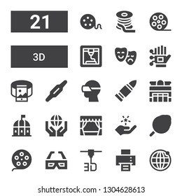 3d icon set. Collection of 21 filled 3d icons included Earth grid, Printing machine, d printer, 3d glasses, Film reel, Cotton candy, Fame, Theater, Theatre, Bullet, Vr glasses