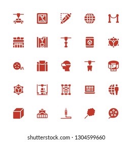 3d icon set. Collection of 25 filled 3d icons included Film reel, Cotton candy, d printing pen, Theater, Cube, Earth grid, Layout, Design, d printer, 360, Vr glasses, Red carpet