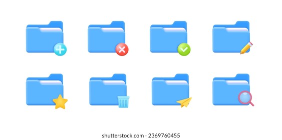 3d icon set of computer folder, file directory for app interface. Three dimensional vector illustration collection for website, print, banner, software, application: add, edit, delete, remove, search