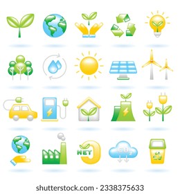 3D Icon Set of Ecology Sustainability Environment Eco Friendly Green Energy Concept. Glossy Glass Plastic Color. Cute Realistic Cartoon Minimal. 3D Render Vector Icons UX UI Isolated Illustration