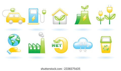 3D Icon Set of Ecology Sustainability Environment Concept. EV, Charge Station, Eco House, Power Plant, Plug, Net Zero, CO2. Cute Realistic Cartoon Minimal. 3D Render Vector Icons Isolated Illustration