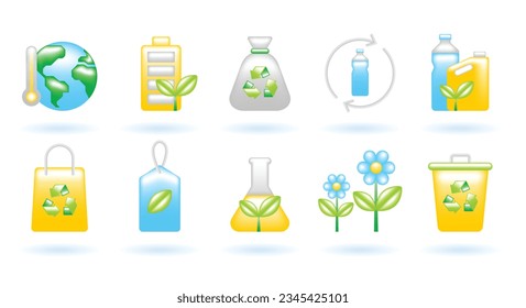 3D Icon Set of Ecology Sustainability Environment Concept. Hot Earth, Battery, Trash, Bottle, Bag, Tag, Flask, Flower, Bin. Cute Realistic Cartoon Minimal. 3D Render Vector Icons Isolated Illustration