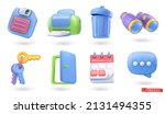 3d icon set. Floppy disk, printer, trash can, binoculars, keys, door, calendar, chat icon. Realistic render vector, glossy plastic objects