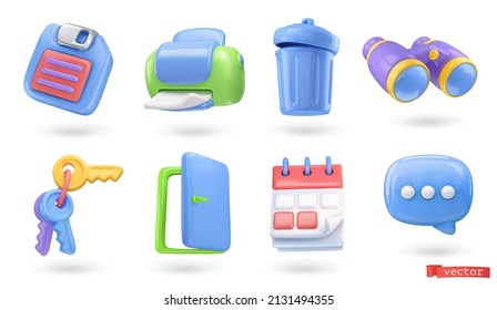 3d icon set. Floppy disk, printer, trash can, binoculars, keys, door, calendar, chat icon. Realistic render vector, glossy plastic objects