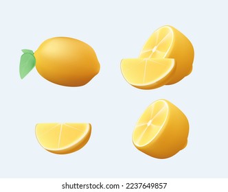 3D Icon set lemon, vector illustration on white background. Fresh lemon fruits, collection of 3D render vector illustrations. Lemon slices. Fresh citrus, half sliced lemons and chopped lemon lemonade