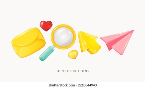 3d Icon Set. Mail, Magnifier, Mouse Cursor, Paper Plane. Realistic Glossy 3d Vector Illustration