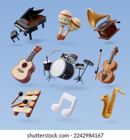 3d icon set of music instrument, musical and recreation concept. Eps 10 Vector.