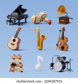 3d conjunto de íconos de instrumentos musicales, concepto musical y recreativo. Vector Eps 10.