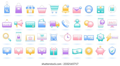 3D Icon Set of Online Shopping Concept. Social Customer Service Promotion Payment Delivery Satisfaction. Cute Color Realistic Cartoon Minimal Style. 3D Render Vector Icons UX UI Isolated Illustration.