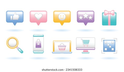 Juego de iconos 3D de concepto de compras en línea. Búsqueda, Teléfono, Portátil, Computadora, QR, Me Gusta, Sonrisa, Estrellas, Regalo. Cute Caricatura Realista Estilo Mínimo. Iconos vectores 3D de representación Iconos UX UI Isolación Isolación Ilustración.