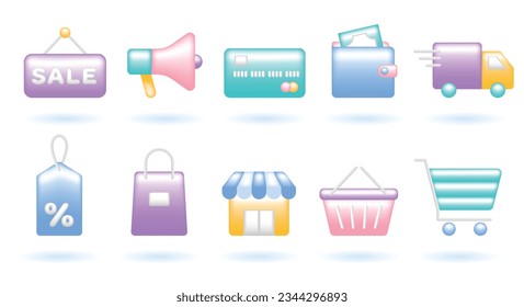 3D Icon Set of Online Shopping Concept. Tag, Bag, Shop, Cart, Trolley, Sale, Megaphone, Card, Wallet, Truck. Cute Realistic Cartoon Minimal Style. 3D Render Vector Icons UX UI Isolated Illustration.