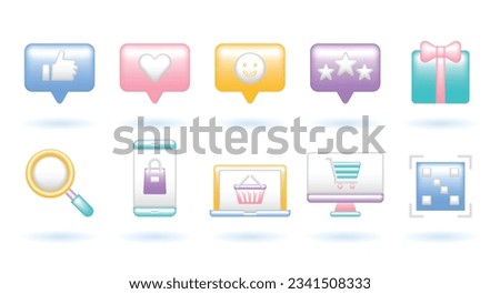 3D Icon Set of Online Shopping Concept. Search, Phone, Laptop, Computer, QR, Like, Love, Smile, Stars, Gift. Cute Realistic Cartoon Minimal Style. 3D Render Vector Icons UX UI Isolated Illustration.