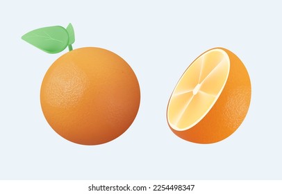 Icono 3D set Fruto de Orang. Naranjas segmentadas en fondo blanco. Frutas naranjas frescas, colección de ilustraciones vectoriales 3D. Naranja de cítricos medio rebanada. Jugo de naranja o vector de vitamina