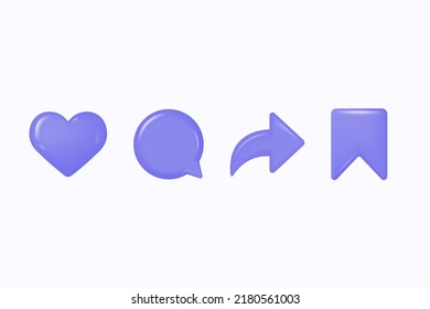 3d icon set for social networks, heart, comment, save, share. vector illustration isolated on white background.