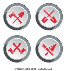 3d icon set of tools. Axe, hache, pallet, spattle, brush, shovel, brush. Work job, labour, toil, repair, fix, protection, guard building symbol. Red sign on round white gray button with shadow. Vector