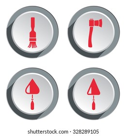 3d icon set of tools. Axe, hache, pallet, spattle, brush, brush. Work, job, labour, toil, repair, fix, protection, guard, building symbol. Red sign on round white gray button with shadow. Vector