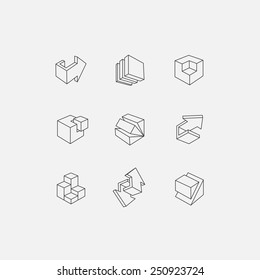 3d icon set. Vector illustration of abstract arrows and cubes, low poly style. Design element for banner, poster, flyer, cover, brochure. Polygonal geometric figures. Logo design.