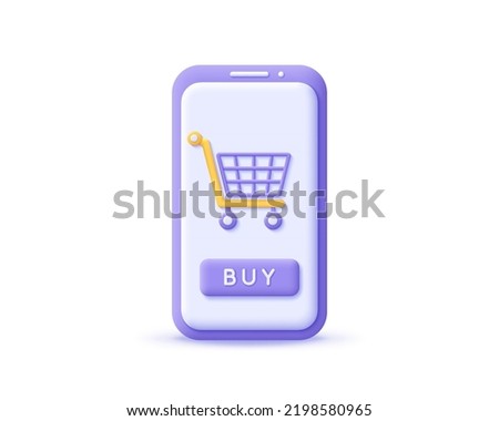 3d icon shopping cart with buy button on smartphone. Render mobile for online digital purchase, e-commerce promotion store, buying goods, market concept. 3d realistic vector illustration cellphone
