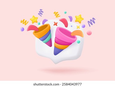 3d icon sign party poppers with flying. Birthday party and anniversary with cone popper. Firecracker explodes with ribbon explode for surprise. 3d confetti bang winner icon vector render illustration