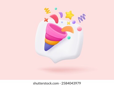 3d icon sign party poppers with flying. Birthday party and anniversary with cone popper. Firecracker explodes with ribbon explode for surprise. 3d confetti bang winner icon vector render illustration