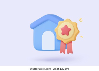 3D icon sign residence for personal loan winner medal with star and ribbon for best excellent. Quality guarantee of product champion award. 3d mortgage housing icon vector render illustration