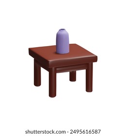 3D icon of a small brown table with a purple vase on top. Vector illustration of simple furniture and home decor, ideal for digital and print use in various design projects.