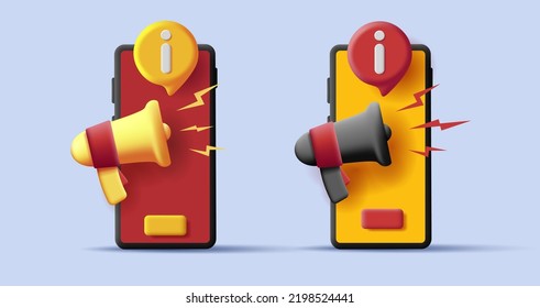 Icono 3d del smartphone con megáfono y burbuja de información