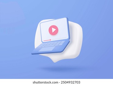 3d icon social media online playing cinema video communicate on laptop screen display. social media with live streaming and emotion on notebook. 3d live cyberspace icon vector render illustration