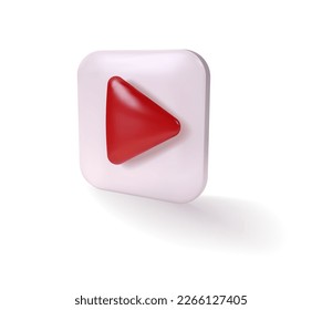 3D icon social media red play video in background button for start multimedia player concept of video online translation, audio playback multimedia player button rendering mesh vector illustration.