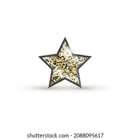 3d icon star with golden glitter isolated on white background. Shining volumetric star casts a shadow. Vector illustration