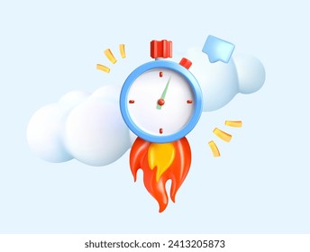 3D icon stopwatch with fire. Isolated on background. Concept of quickly completing a task. Vector illustration