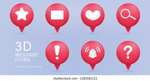 3D icon symbol social media notification set isolated on red bubble speech. Vector illustration in 3D style.