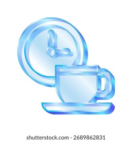 3d icon symbolizing Break time concept. Coffee cup and clock stlye transparent glass or crystal icon element for design vector.