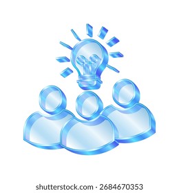 Ícone 3d simbolizando ideia de grupo ou brainstorm de equipe de trabalho em equipe. Trabalho em equipe pessoas estilo lâmpada vidro transparente ou cristal ícone vetor.