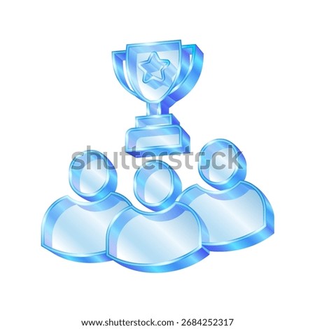 3d icon symbolizing Team Success. A group of winners with a cup stlye transparent glass or crystal icon element for design vector.