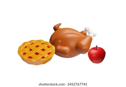 3D icon for Thanksgiving, featuring a vector illustration of a plump roasted turkey next to a lattice-topped apple pie and a glossy red apple, all isolated on white.